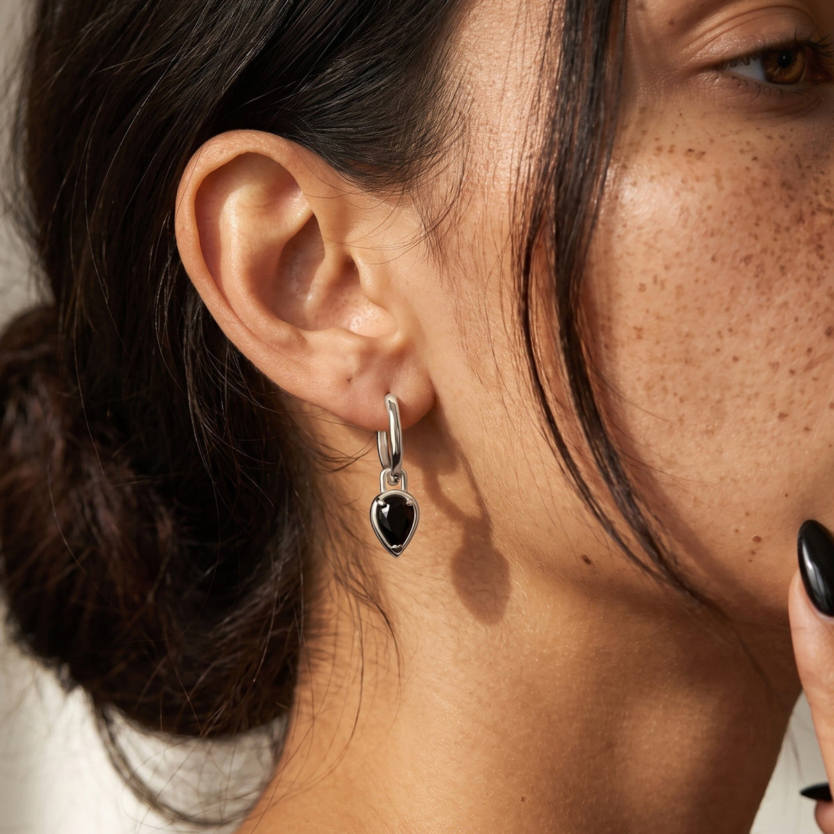 Black Onyx Pear Drop Hoop Earrings