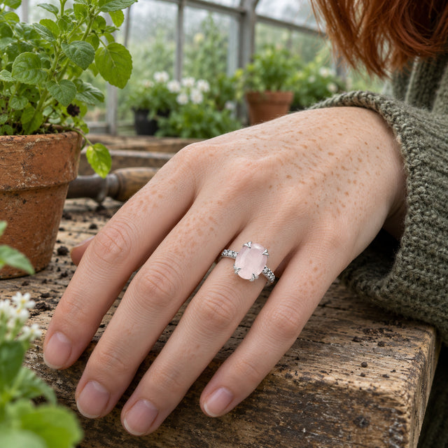 A silver ring with a pale pink oval stone is worn on a freckled hand beside potted plants in a greenhouse.