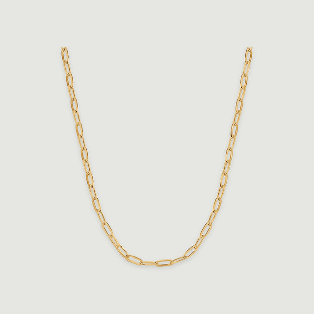 A yellow gold chain necklace forms a smooth U with elongated open links on a light gray background.