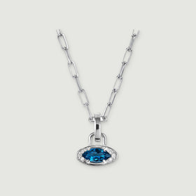 A silver-tone rectangular-link necklace has a horizontal blue gemstone pendant on a light gray background.