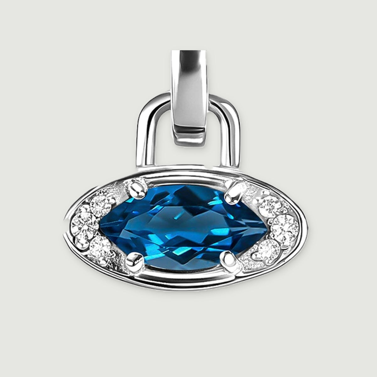 The silver-tone pendant is shown from the front with a broad polished bail and a faceted blue center stone.