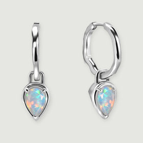 Two silver-tone hoop earrings with colorful pear-shaped opals are shown from the front and side.