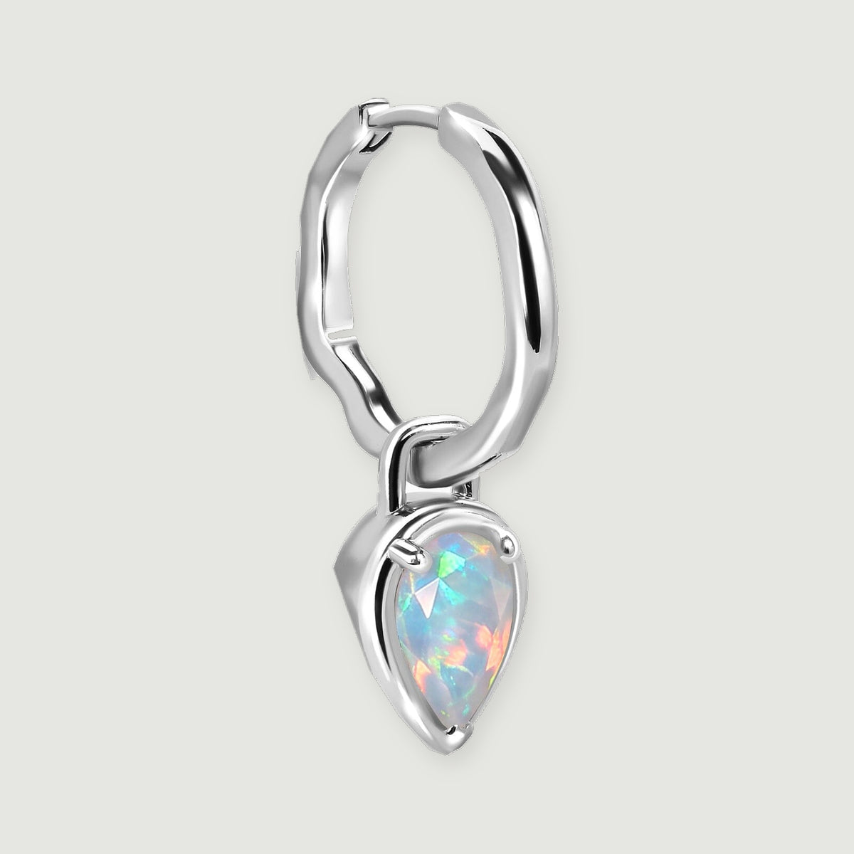 A single silver-tone opal hoop is shown at an angle with its curved band and hinged closure visible.