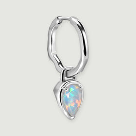 A single silver-tone opal hoop is shown at an angle with its curved band and hinged closure visible.