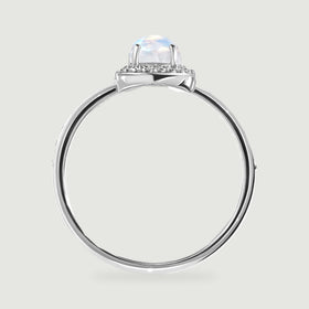 The white gold ring profile reveals the moonstone above its diamond halo and open circular band.
