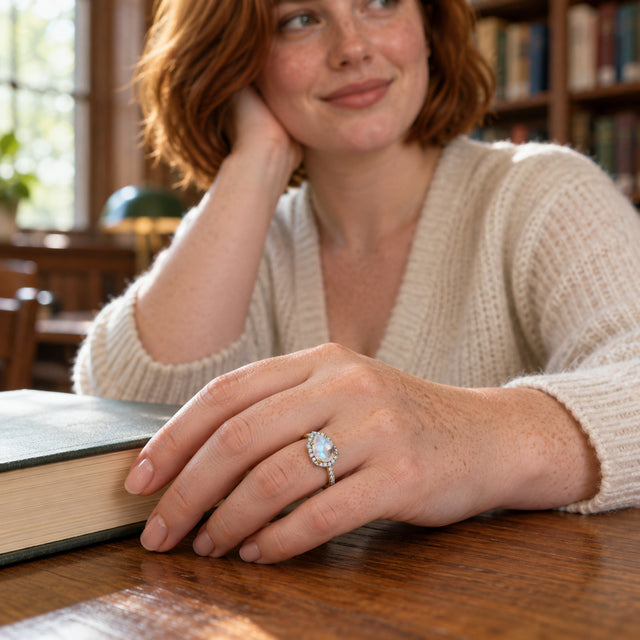 A yellow gold moonstone and diamond ring is worn on a freckled hand resting beside a book on a wooden library table.