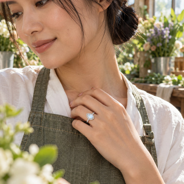 A white gold moonstone and diamond ring is shown on a hand touching a woven apron beside leafy plants.