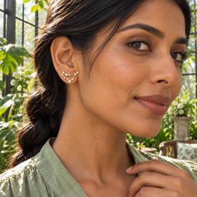 A woman with braided dark hair wears a yellow gold stud with pale round stones in a leafy conservatory.