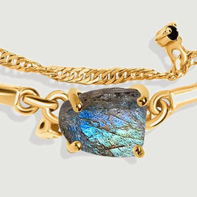 The textured labradorite centre and small black bead accents are shown with polished yellow gold links and a fine chain.