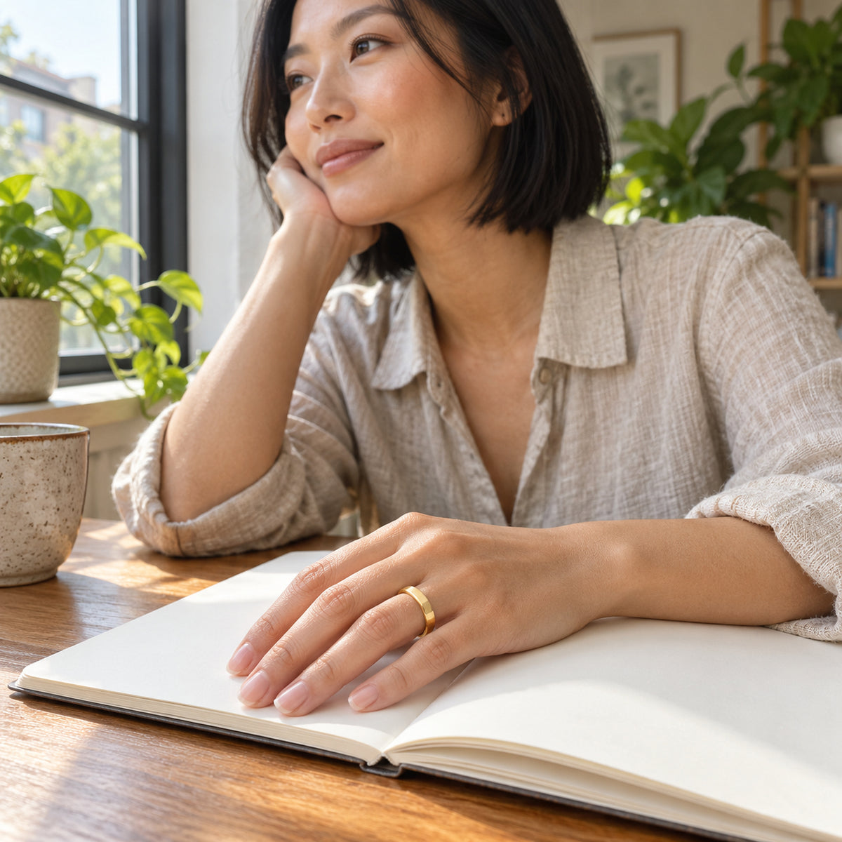 A woman wears a yellow gold band on her hand resting on an open notebook beside a window.