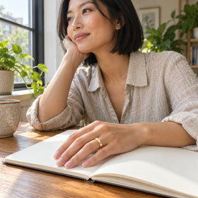 A woman wears a yellow gold band on her hand resting on an open notebook beside a window.