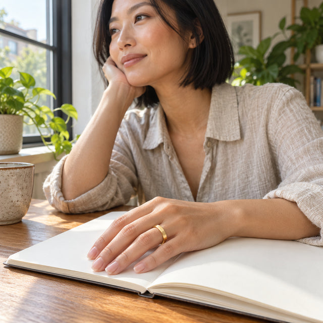 A woman wears a yellow gold band on her hand resting on an open notebook beside a window.
