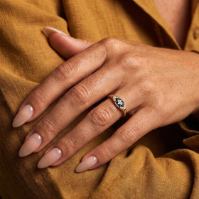 Clear Horizon blue topaz eye ring, gold wear