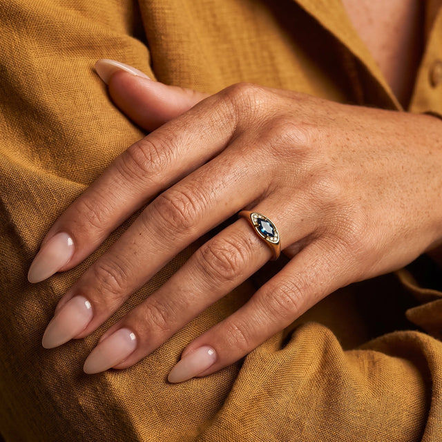 Clear Horizon blue topaz eye ring, gold wear