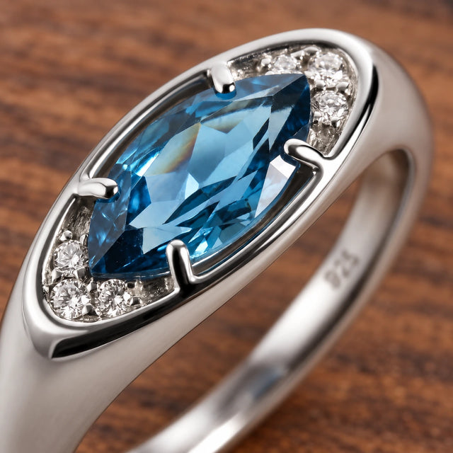 Clear Horizon blue topaz eye ring, silver macro