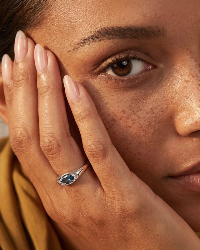 Clear Horizon blue topaz eye ring, silver portrait