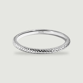 A polished silver ring with a scale-textured band rests on a light gray surface.