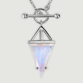 A close view shows the silver circular clasp, rounded horizontal bar, and blue sheen across the triangular moonstone.
