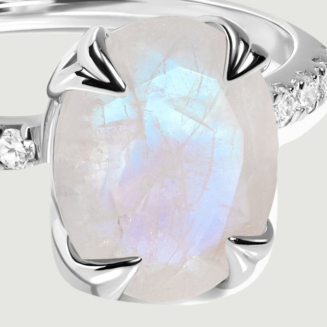 A close view shows the oval moonstone, silver prongs, and neighboring clear stones.