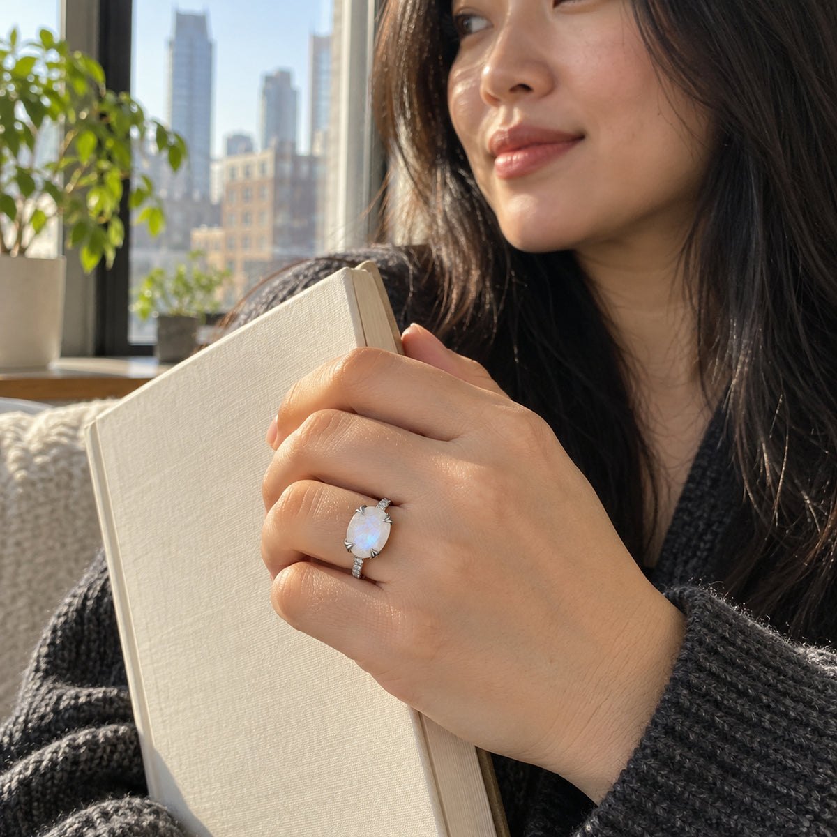 A sterling silver moonstone ring is worn on a hand holding a cream-colored book beside a sunlit window.