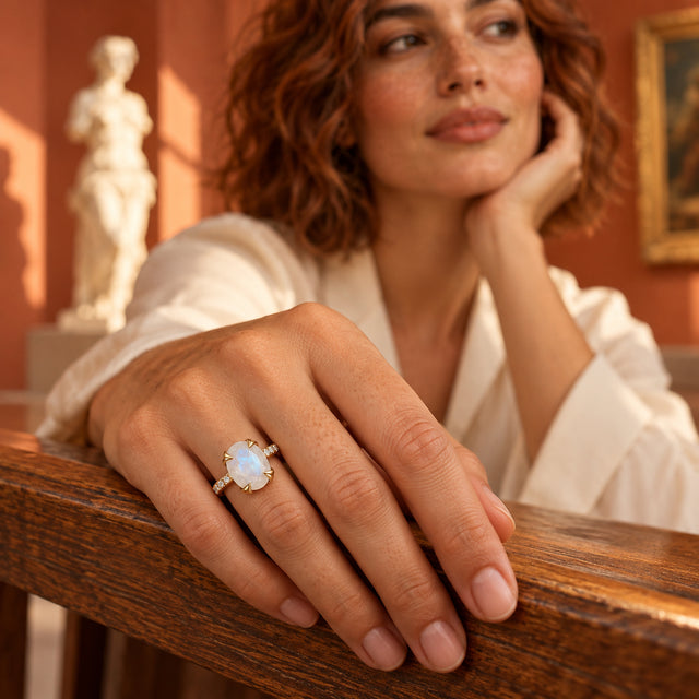 A hand wearing a yellow gold vermeil moonstone ring rests on a wooden railing beside a sculpture.
