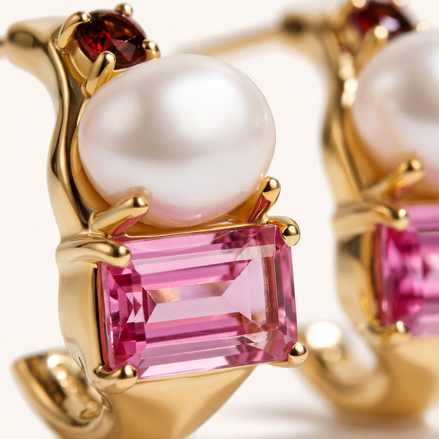 Yellow gold-tone prongs surround a softly lustrous pearl and a rectangular pink gemstone in close detail.