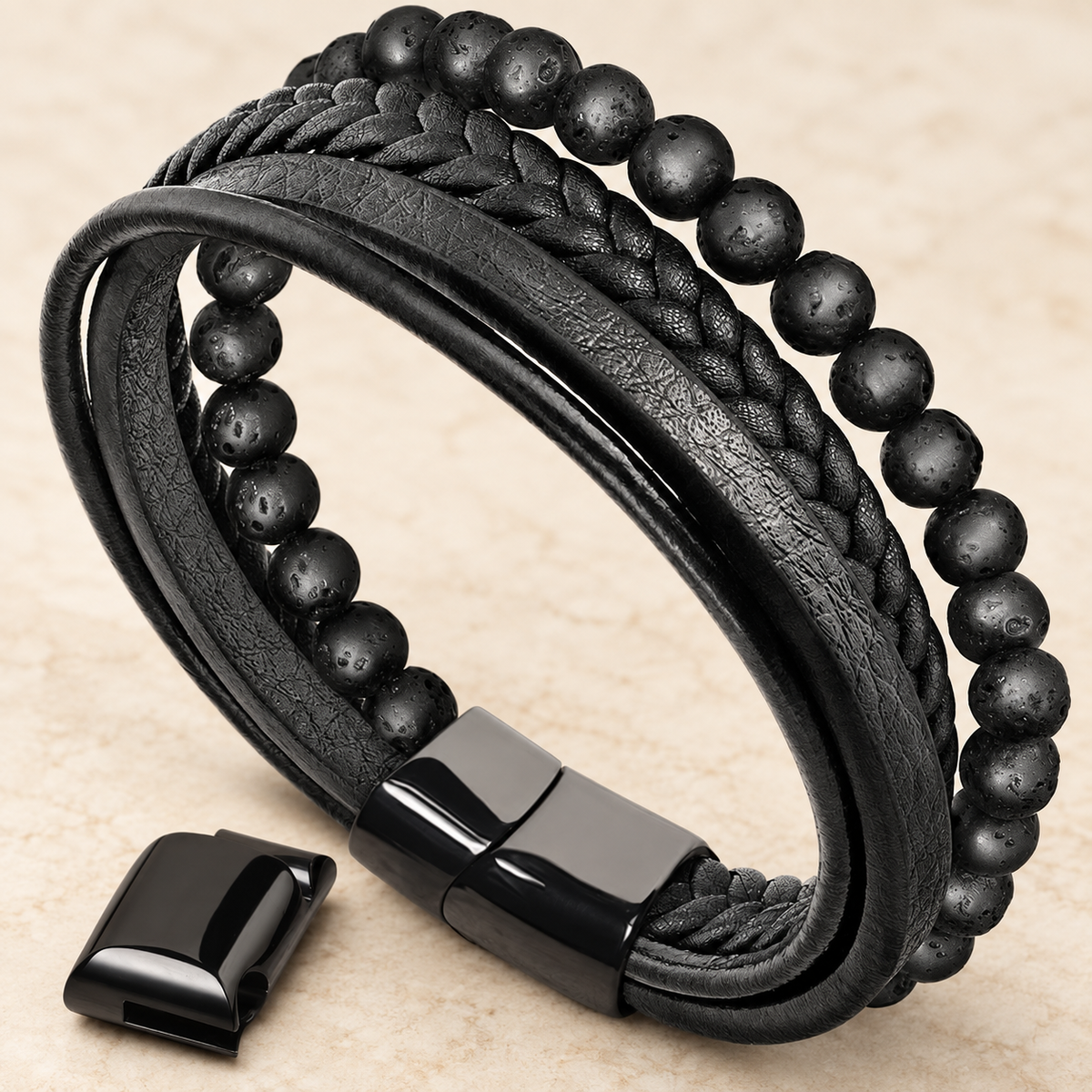 Dark multi-strand bracelet with bead and cord textures; AI-edited draft reference.