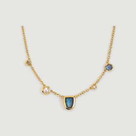 A yellow gold-tone chain connects a shield-shaped labradorite center with round pearl and stone stations.