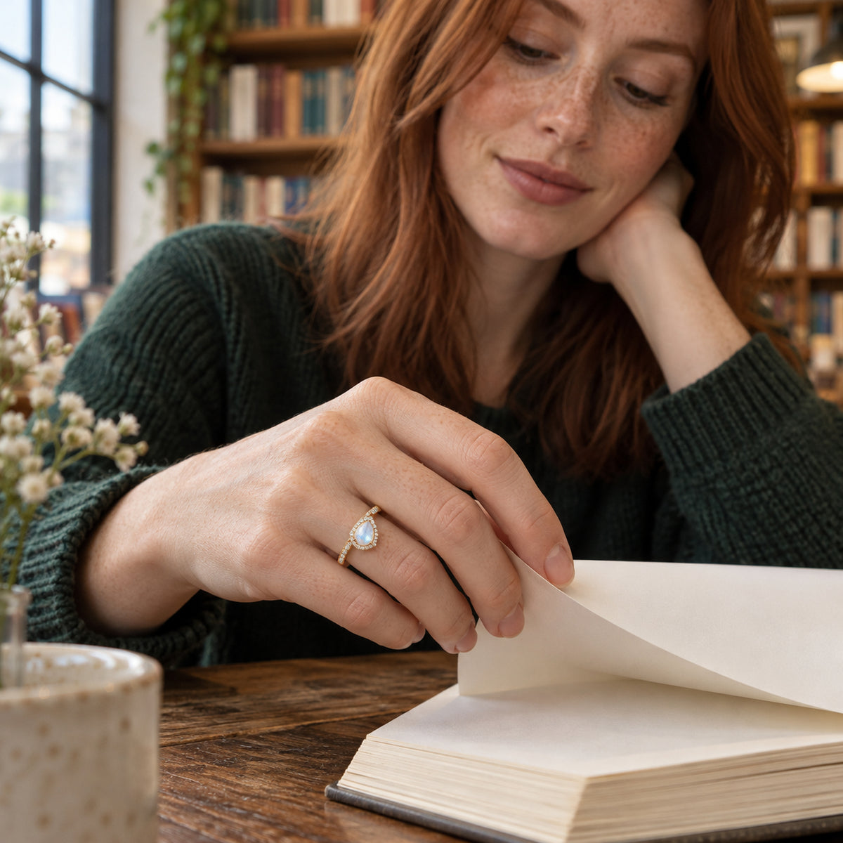 The yellow gold pear-shaped moonstone ring is visible on a hand turning a blank page at a wooden reading table.