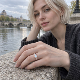 A rose gold moonstone ring with a diamond halo is worn on a hand resting on a stone railing beside a river.