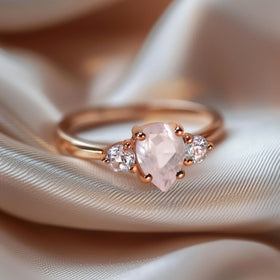 A rose gold ring with a pale pink pear-shaped stone lies on softly folded neutral fabric.