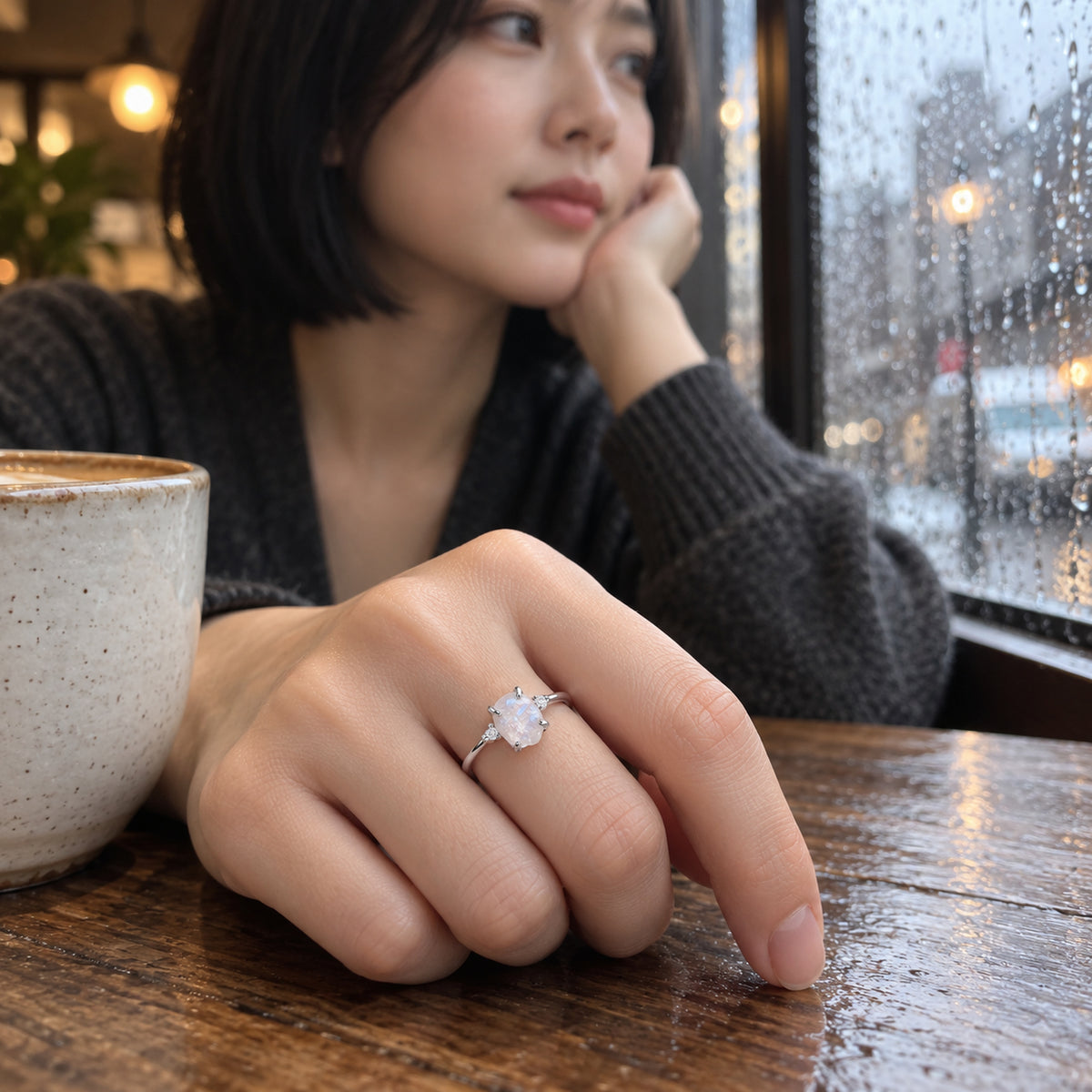 A woman with a black bob wears the silver moonstone ring on her hand beside a ceramic cup at a rainy cafe window.