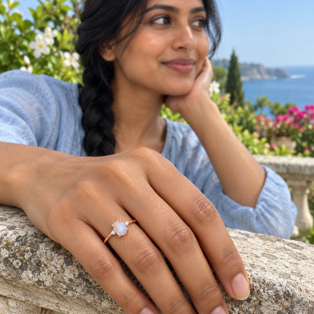 The rose gold vermeil moonstone ring sits on a woman's finger as her hand rests on a stone railing in a coastal garden.