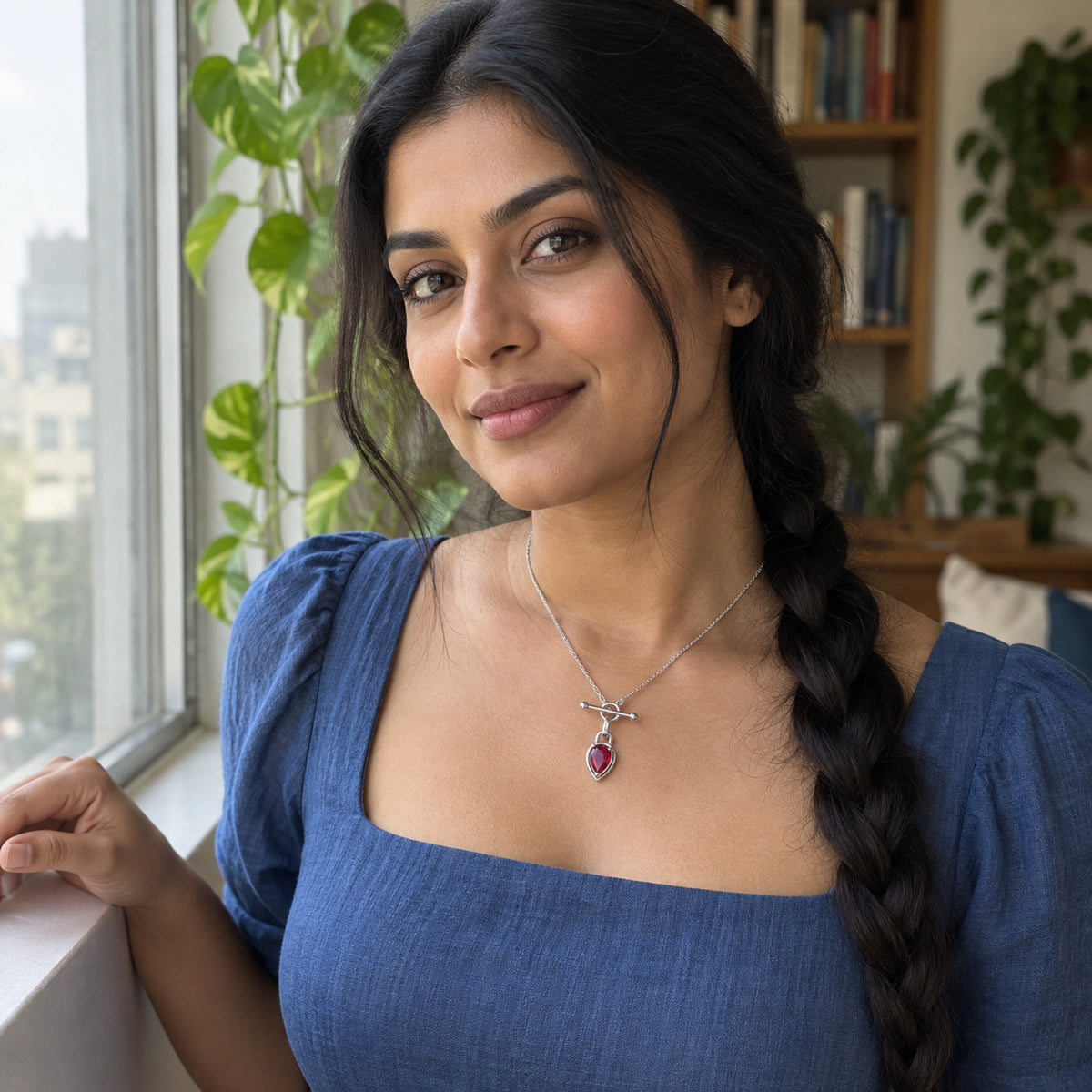 A woman with a dark braid wears the silver-tone ruby necklace with a blue square-neck dress beside a window and green plants.