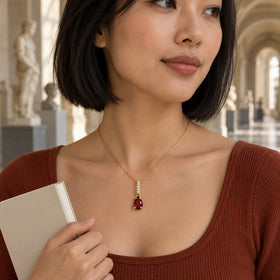 A woman with a black bob wears the yellow gold garnet necklace with a rust-colored top in a museum gallery.