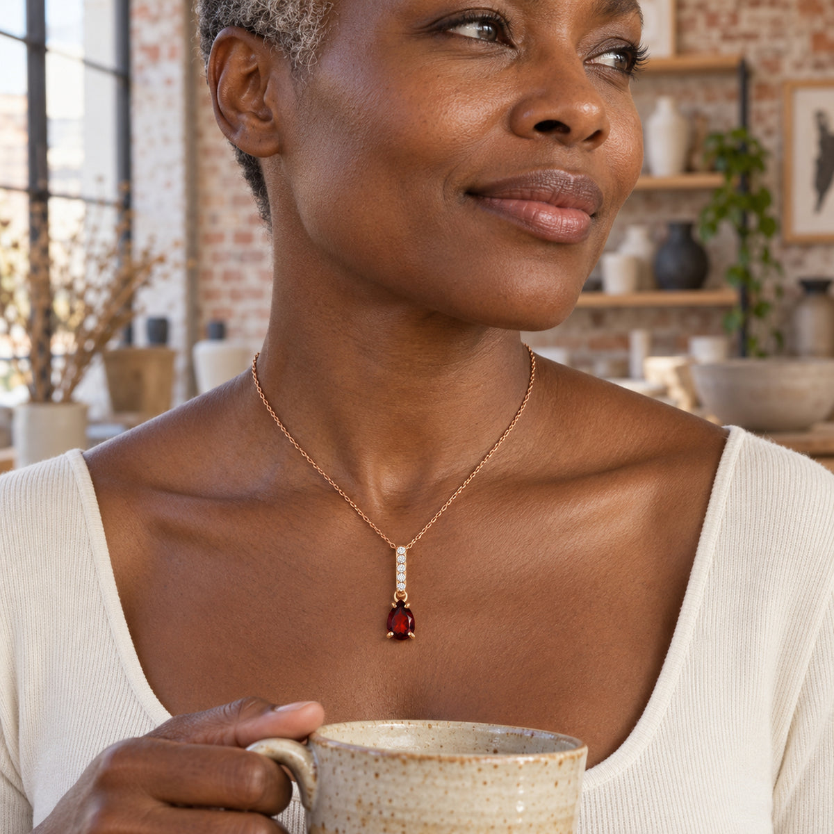 A woman with short gray curls wears the rose gold garnet necklace while holding a ceramic cup in a pottery studio.