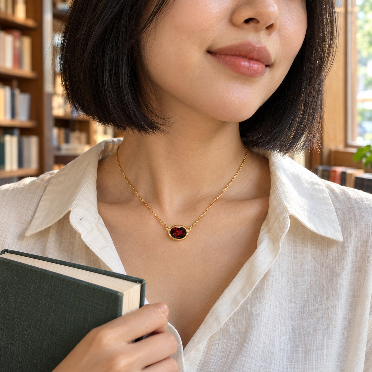 A woman with a black bob wears the yellow gold plated garnet necklace while holding a green book beside a sunlit bookstore window.