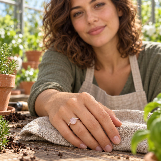 The rose gold ring is shown on a hand resting on linen at a greenhouse table surrounded by terracotta pots.
