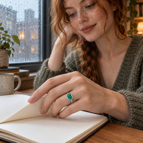 A silver ring with a rectangular green stone is worn on a hand turning a blank sketchbook page beside a rainy window.