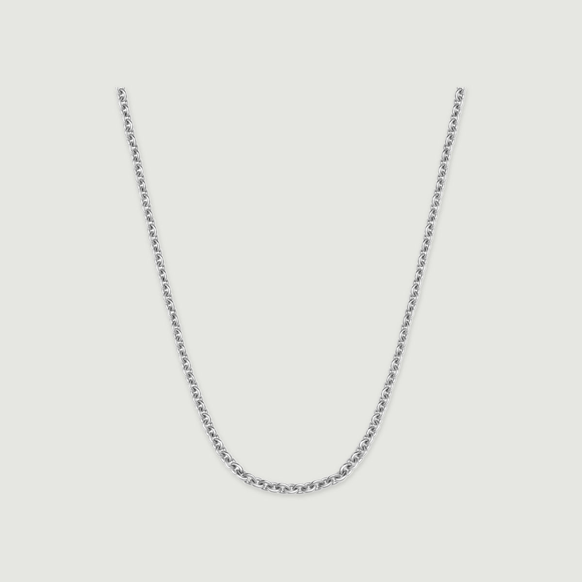 A polished silver chain forms a U-shaped curve on a light gray background.