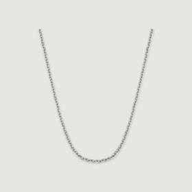 A polished silver chain forms a U-shaped curve on a light gray background.