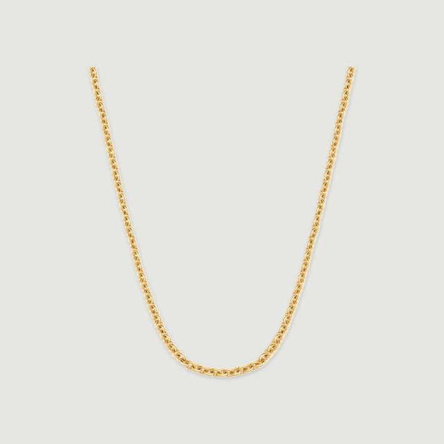 A yellow gold chain is centered in a U-shaped arrangement with a soft shadow.