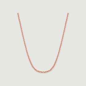 A rose gold chain rests in a broad curve against a pale gray surface.