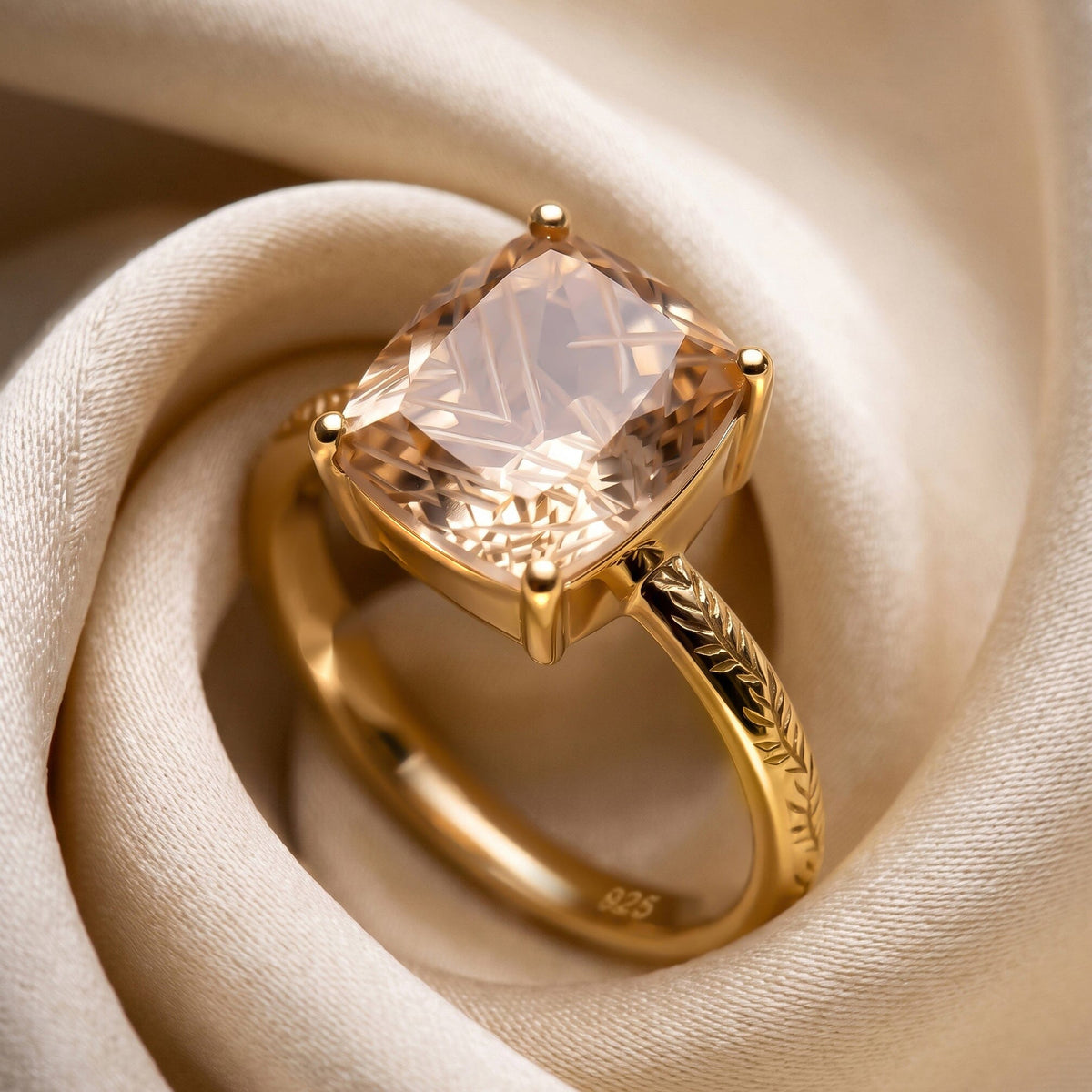 A champagne quartz ring with a leaf-patterned yellow gold vermeil band lies among folds of ivory cloth.