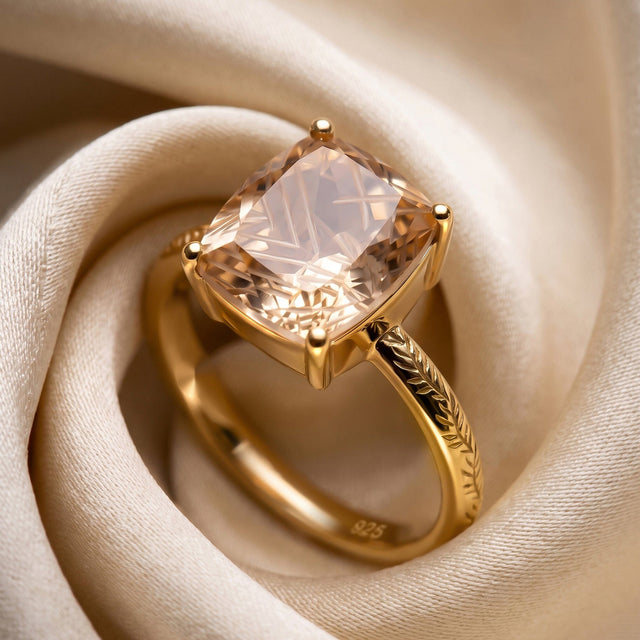 A champagne quartz ring with a leaf-patterned yellow gold vermeil band lies among folds of ivory cloth.