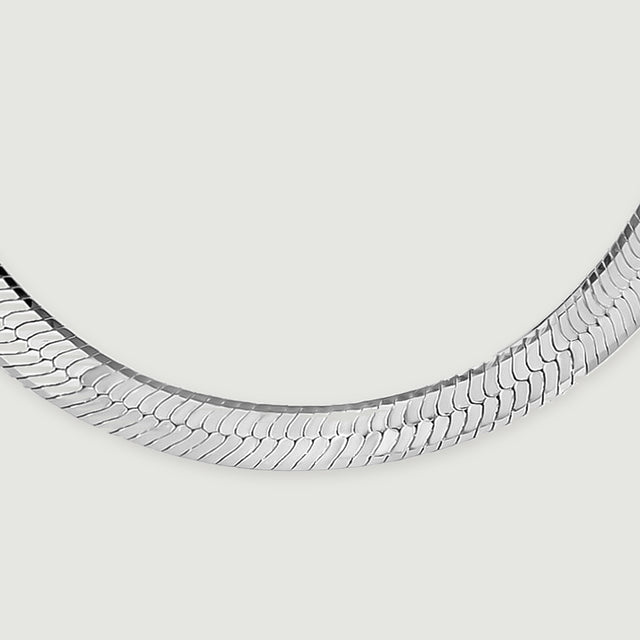 Bright and dark reflections reveal the fine interlocking links of the silver necklace.