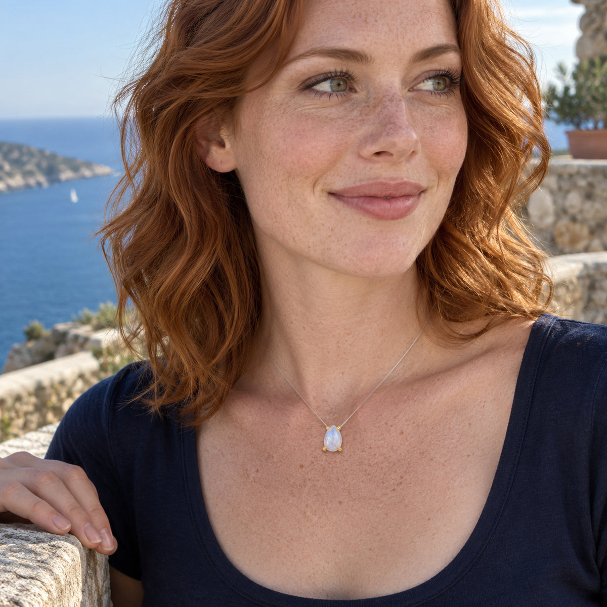 A freckled red-haired woman wears the gold-set pear moonstone above a navy neckline on a seaside terrace.