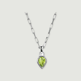 A pear-shaped green peridot pendant hangs from a silver-tone elongated-link chain against a light gray background.