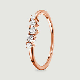 A side view of the rose gold vermeil ring displays five round stones above an open circular band.