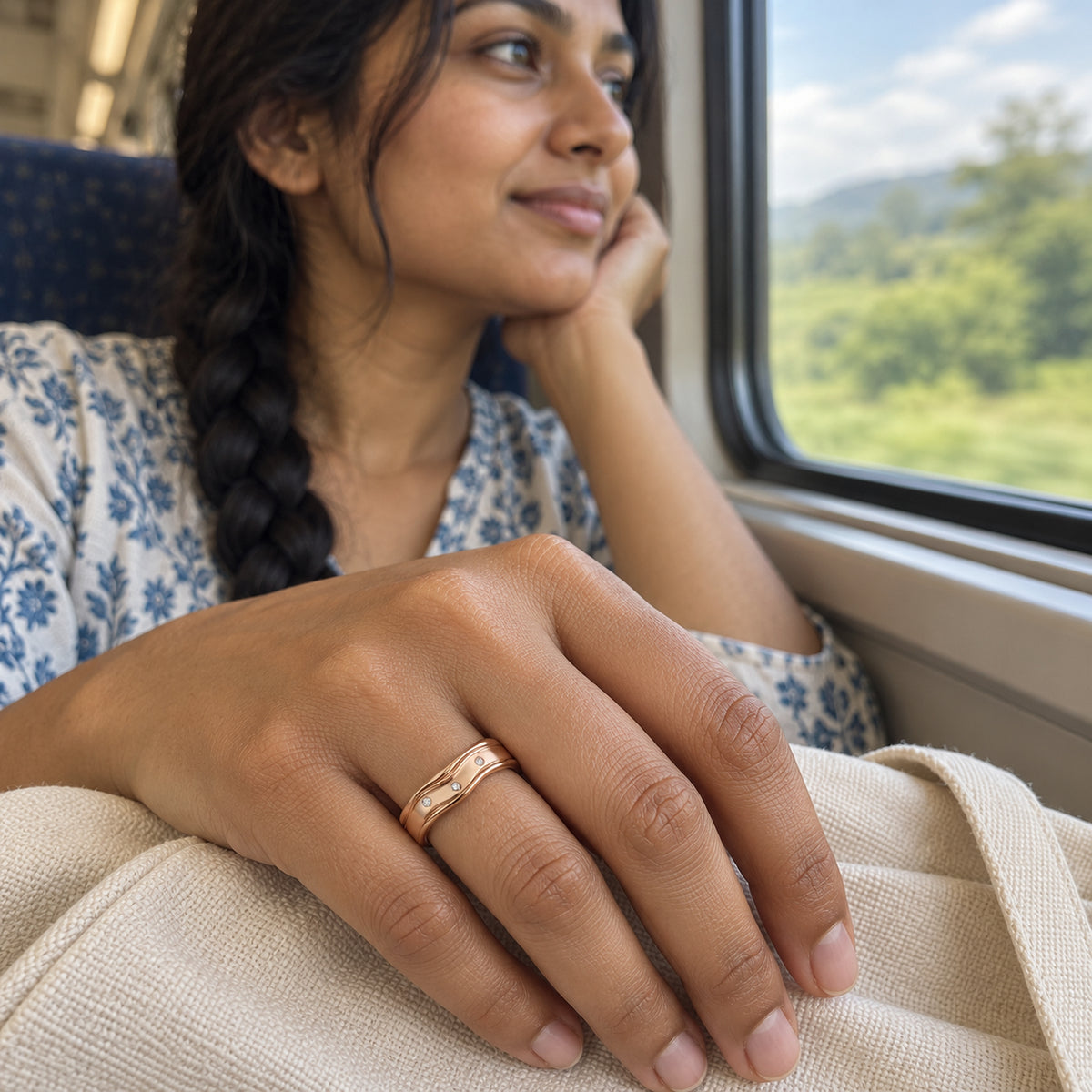 A rose gold vermeil ring with curved edges and white stones is shown on a hand resting on a canvas bag beside a train window.